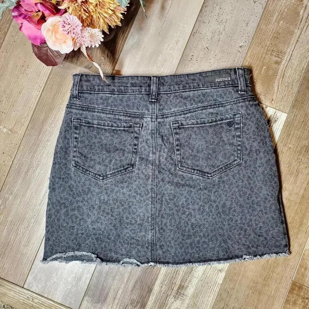 JUSTICE Size 16 Black Raw Hem Denim Skort Leopard Print NWOT